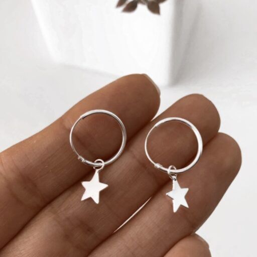 Argolla 12mm  con colgante de estrella en Plata Fina 925