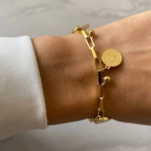 Pulsera eslabón con medallas, de acero inoxidable bañado en oro 18k